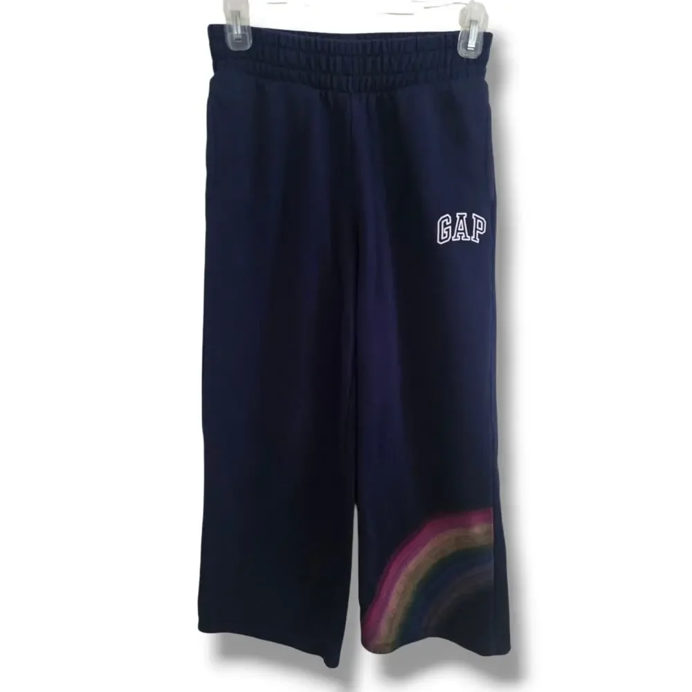 Gap Kids Girls 12 Navy Rainbow Graphic Wide Leg Fleece Sweatpant Lounge
